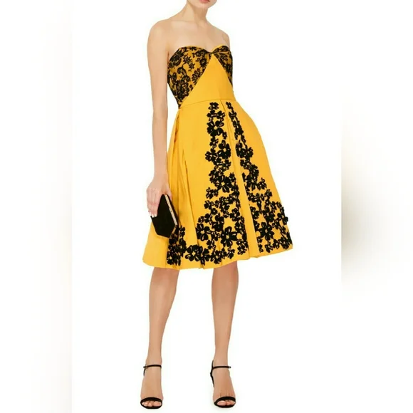 °$7000 NEW OSCAR DE LA RENTA BEAUTIFUL RUNWAY BLK YELLOW SILK BEAD DRESS US 10